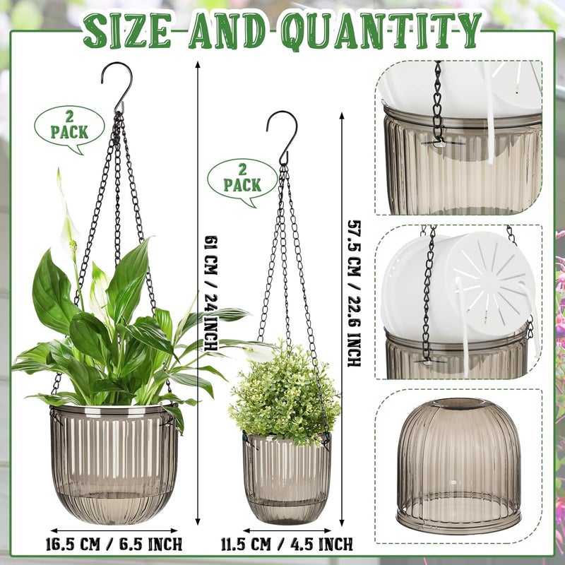 Maxcheck 4 Pcs Self Watering Hanging Planters Indoor Gift 6.5'' 4.5'' Hanging Flower Pots Baskets Outdoor Self Watering Plant with 3hooks Drainage Holes for Home(Gray) - Image 2